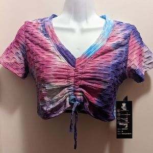 SRX women's medium cropped gathered front short sleeved top tye dyed NWT